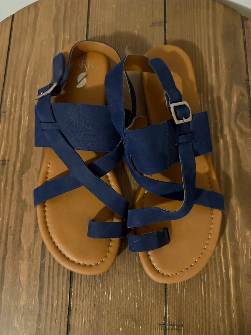 Franco Sarto Navy Blue Strappy Buckle Sandals with Tan Footbed